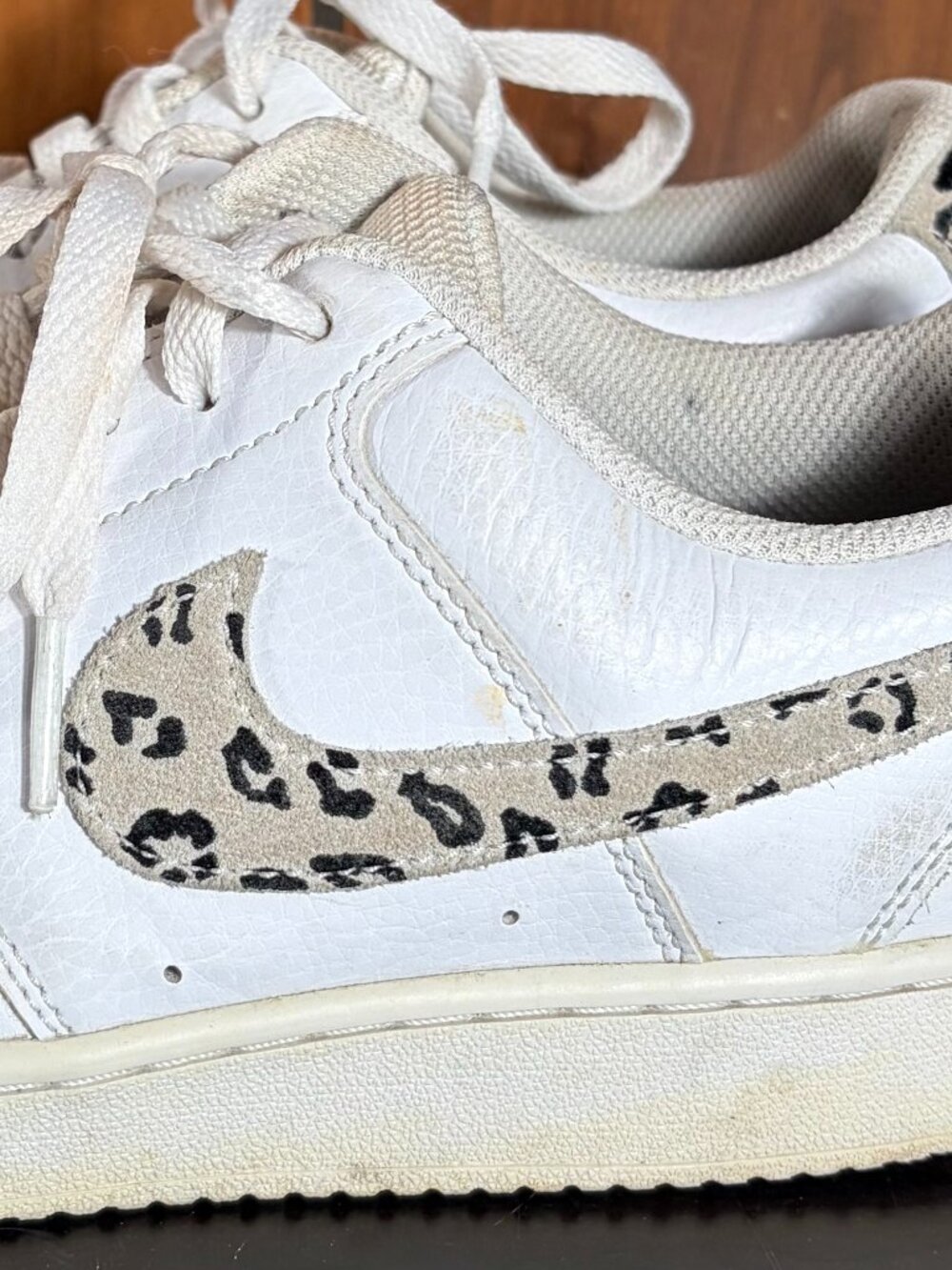 Size 9 - Nike Court Vision Low Leopard Swoosh - White Womens Sneakers